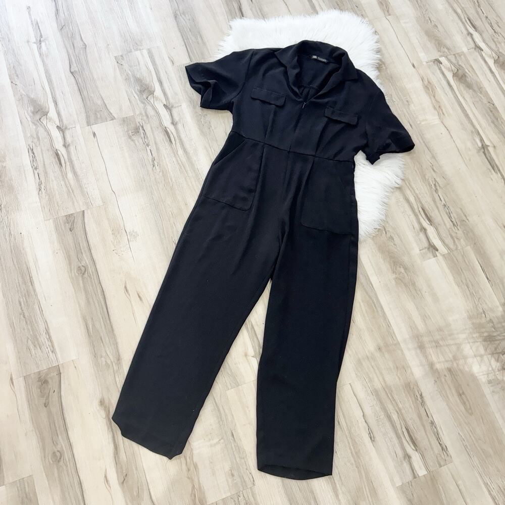 Zara Black Collared Straight Leg Utility Jumpsuit large #LS